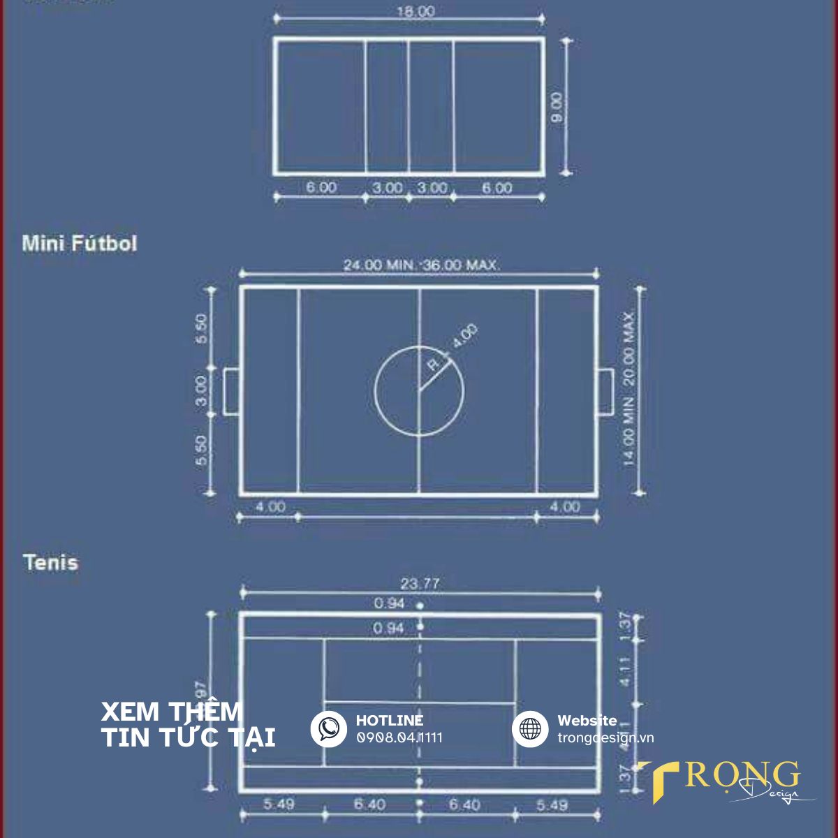 Số đo các loại sân Pickleball, sân bóng đá mini, sân tennis _ Trọng Design