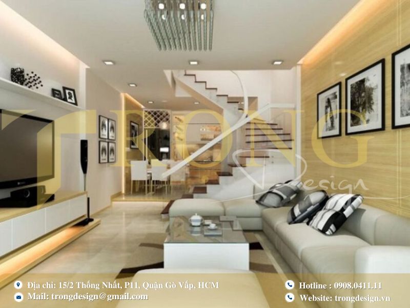 Mẫu thiết kế phòng khách cho nhà ống hẹp, ngang