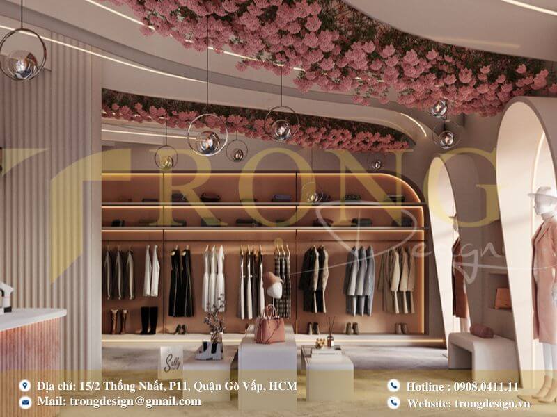 Thiết kế cửa hàng hiện đại kết hợp yếu tố thiên nhiên với trần hoa độc đáo
