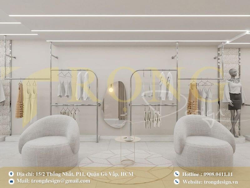 Nội thất cửa hàng thời trang với thiết kế tối giản, sử dụng gam màu trắng