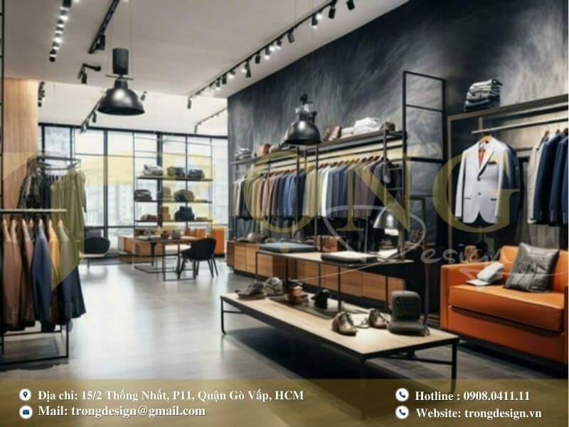 Trang trí cửa hàng quần áo nam cao cấp với phong cách mạnh mẽ và lịch lãm.
