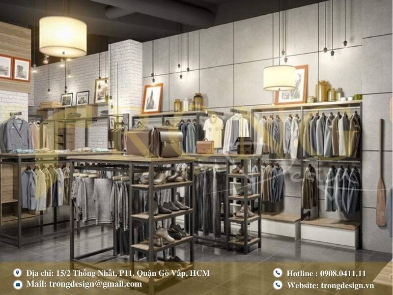 Cửa hàng thời trang nam với thiết kế hiện đại và không gian mở.