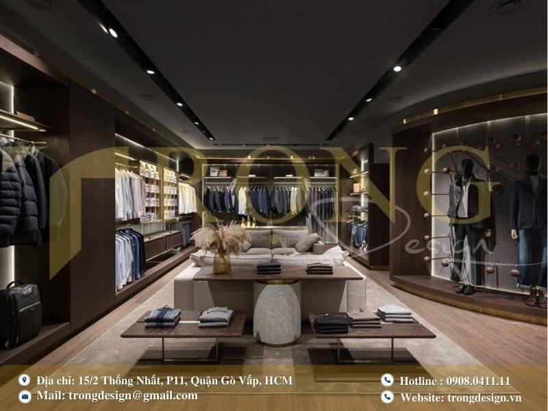 Cửa hàng thời trang nam cao cấp với thiết kế hiện đại và nam tính.