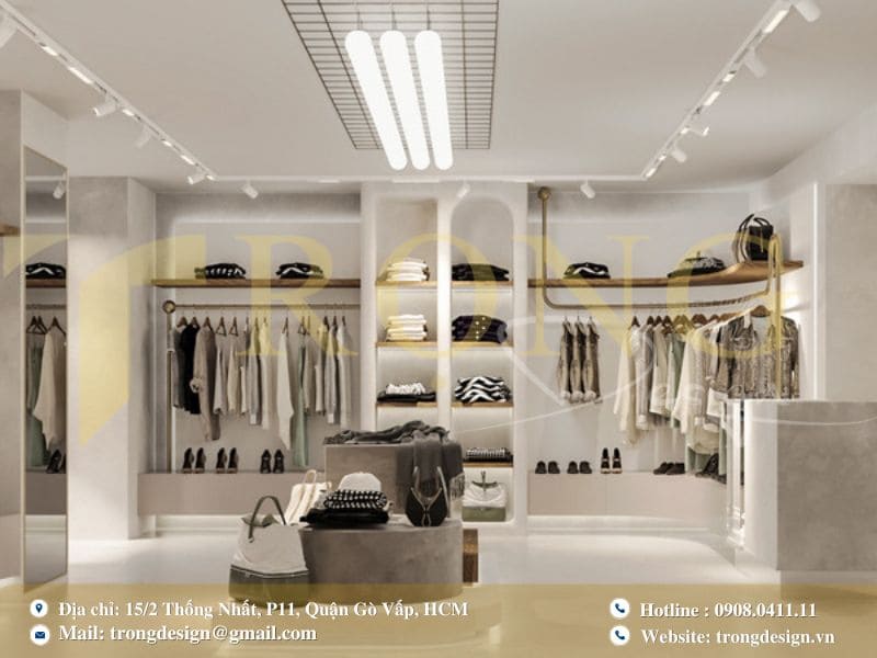 Shop thời trang với không gian mở và khu vực trưng bày linh hoạt