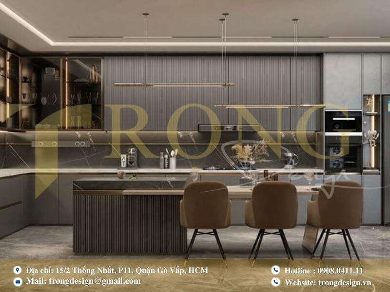 Bếp hiện đại sang trọng với đảo bếp kiêm quầy bar và đèn thả