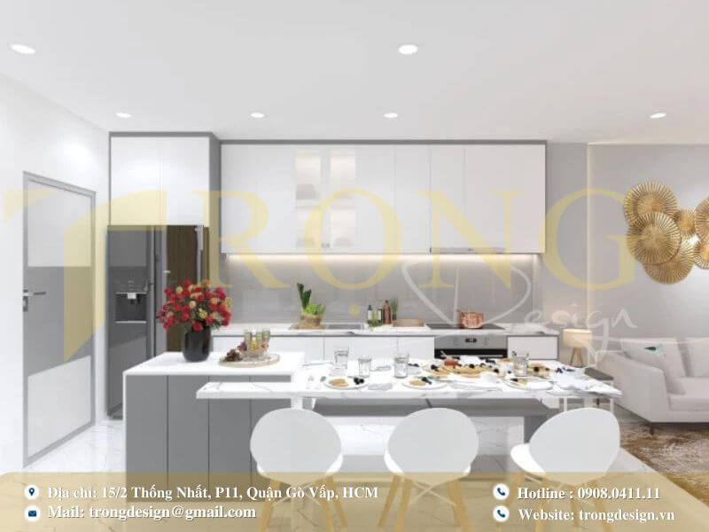 Bếp ăn công nghiệp với quầy chế biến, kệ mở kim loại gỗ và cửa gỗ độc đáo.