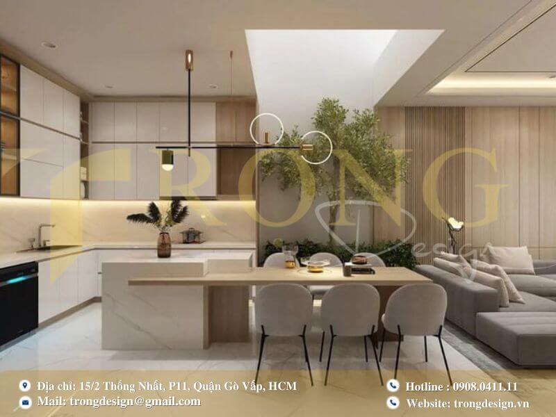 Bếp hiện đại với đảo bếp kiêm quầy bar và tủ rượu kính ấn tượng.