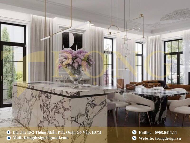 Bếp sang trọng ấm cúng với đảo bếp marble chân kim loại vàng.