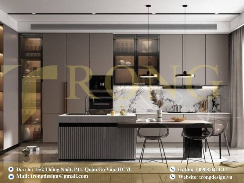 Bếp hiện đại tiện nghi với đảo bếp gỗ marble và bàn ăn gần cửa sổ.