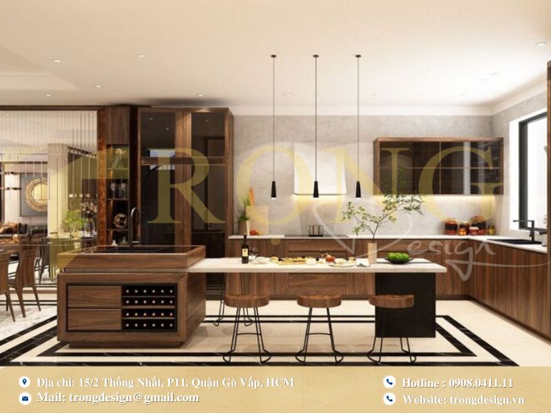 Phòng bếp được thiết kế mở mở với bàn ăn liền kề