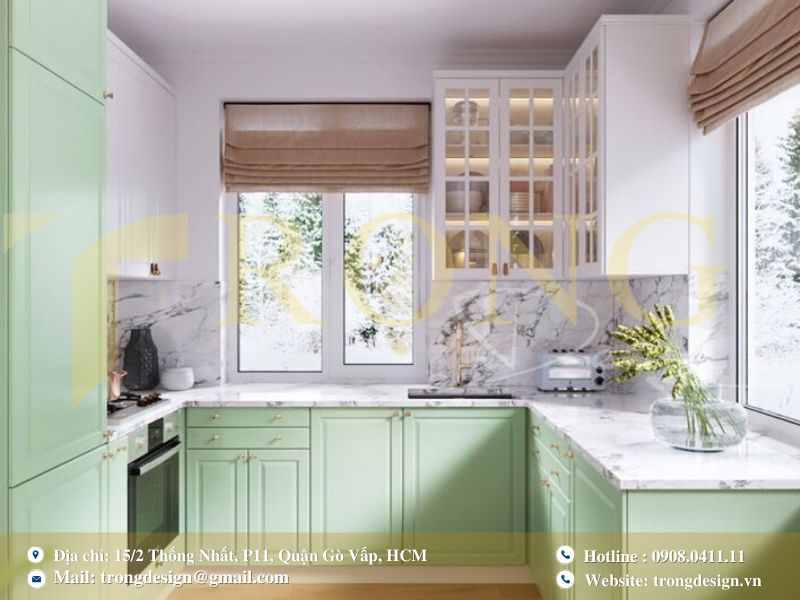 Bếp xanh lá pastel nhẹ nhàng, tinh khiết