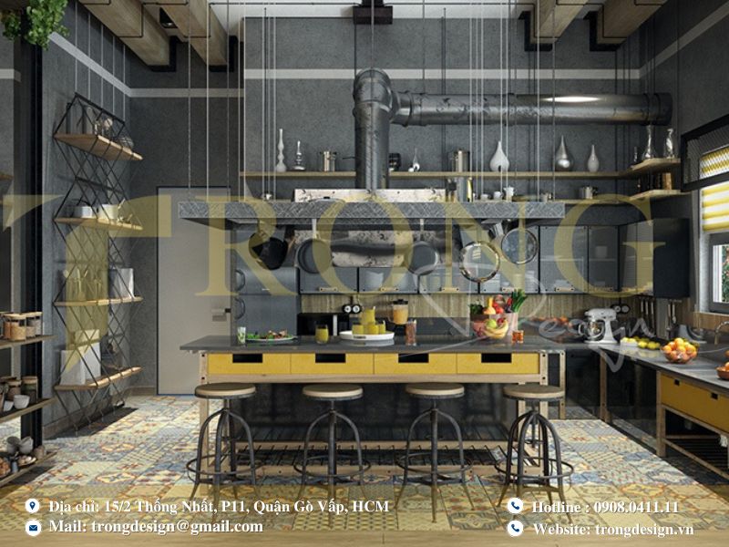 Bếp được thi công và thiết kế với phong cách Industrial