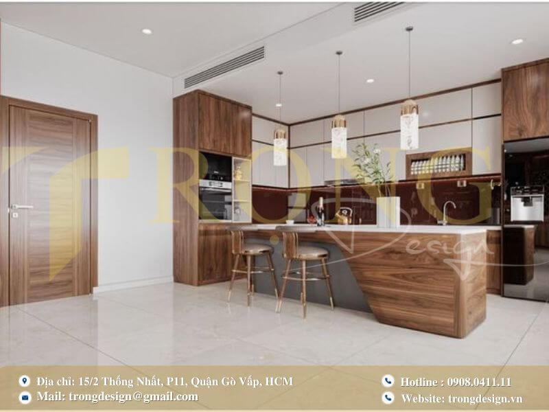 Bếp hiện đại tối giản với tủ bếp trắng, đảo bếp marble trắng và bàn ăn gỗ sáng màu.
