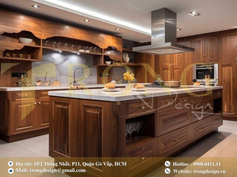 Bếp hiện đại tông đen mạnh mẽ với đảo bếp gỗ sáng màu
