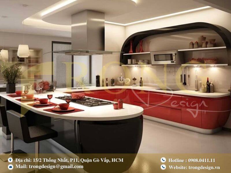 Bếp hiện đại tông xám vân gỗ với đảo bếp ốp marble và tủ kính trưng bày có đèn