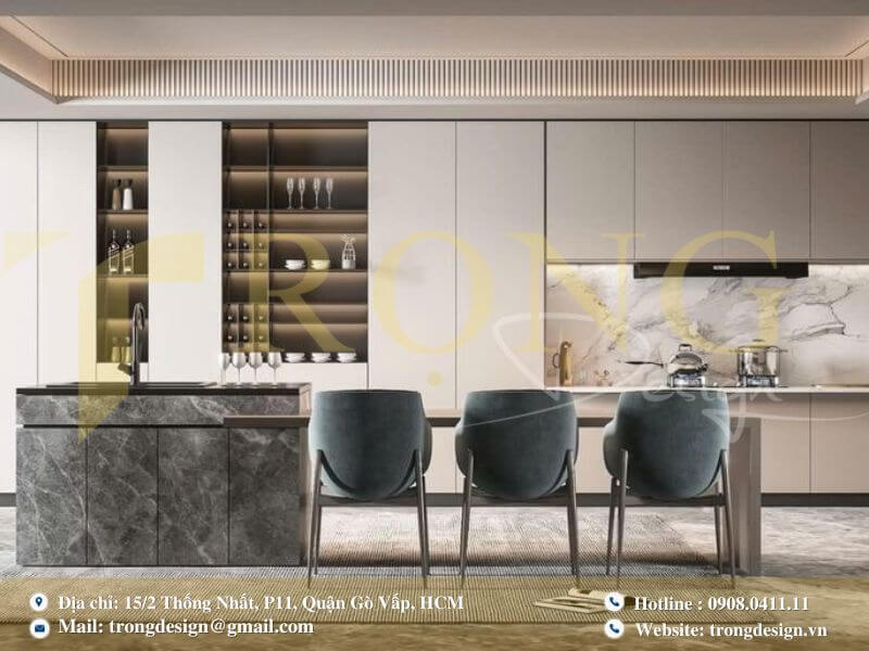 Bếp hiện đại sang trọng tông xám trắng nâu với đảo bếp marble và bàn ăn dài
