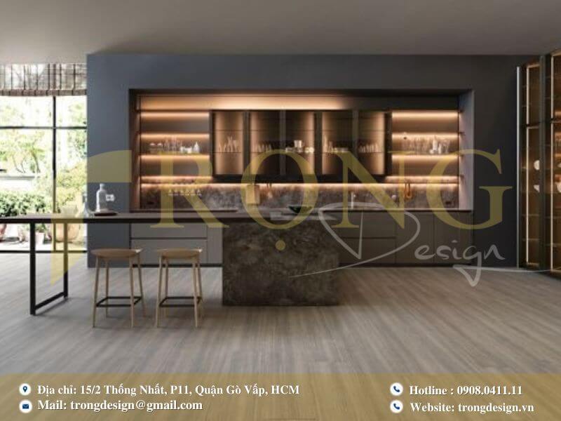 Bếp hiện đại cá tính với đảo bếp đa sắc xám và kệ mở trang trí