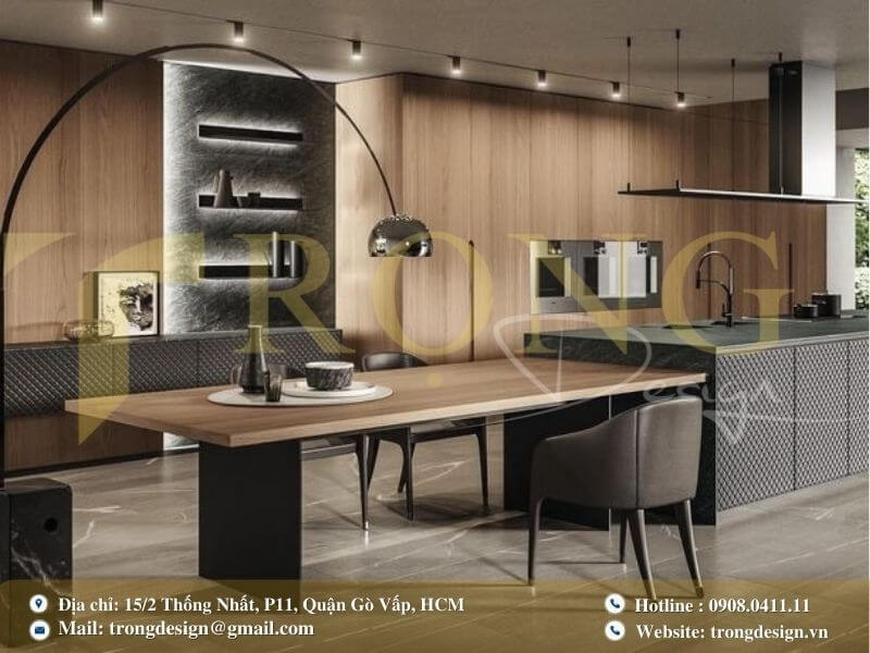 Phòng bếp hiện đại với sự kết hợp của gỗ tự nhiên và gam màu đen mạnh mẽ.