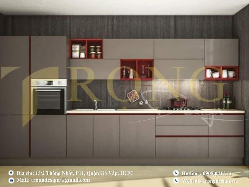 Bếp hiện đại, thanh lịch với tông màu xanh xám và điểm nhấn gỗ.