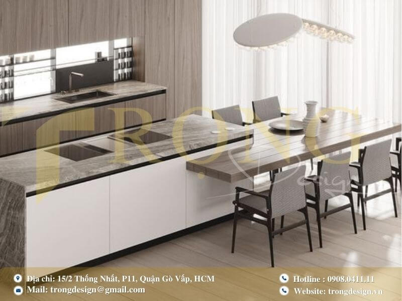 Bếp hiện đại, tối giản với đảo bếp lớn và họa tiết tường độc đáo.