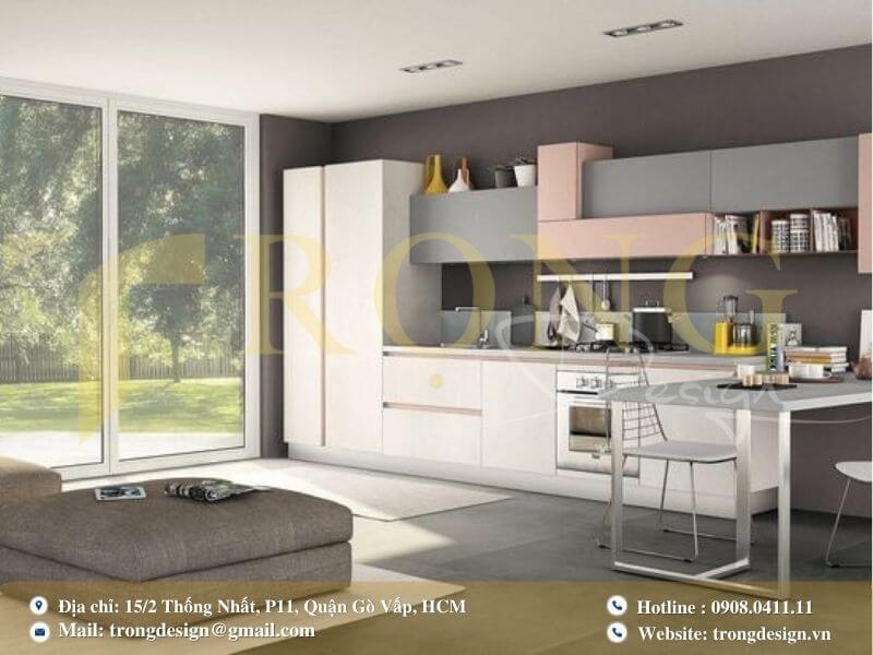 Bếp sang trọng, tối giản với tông màu trắng chủ đạo và đá cẩm thạch.