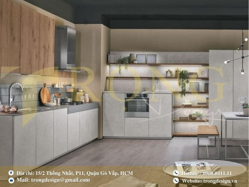 Bếp hiện đại, ấm cúng với sự kết hợp hài hòa giữa màu xám và gỗ sáng.