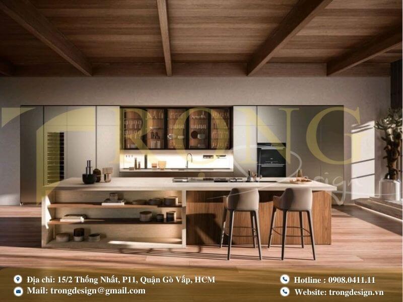 Bếp hiện đại, tươi sáng với tông màu trắng chủ đạo và gỗ ấm áp.