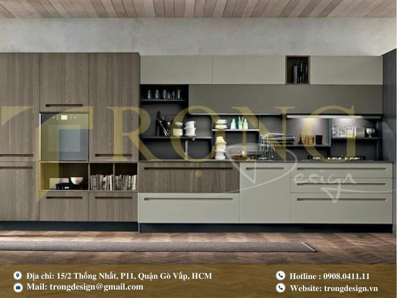 Bếp hiện đại, tối giản với đảo bếp tích hợp và tông màu trung tính.
