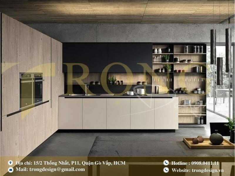 Bếp hiện đại, cao cấp với tông màu tối và thiết kế sang trọng.