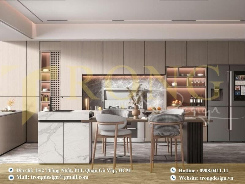 Phòng bếp hiện đại, tối giản với không gian mở và tiện ích thông minh.