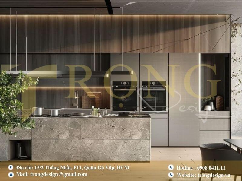 Phòng bếp sang trọng với sự kết hợp đa dạng chất liệu và ánh sáng tinh tế.