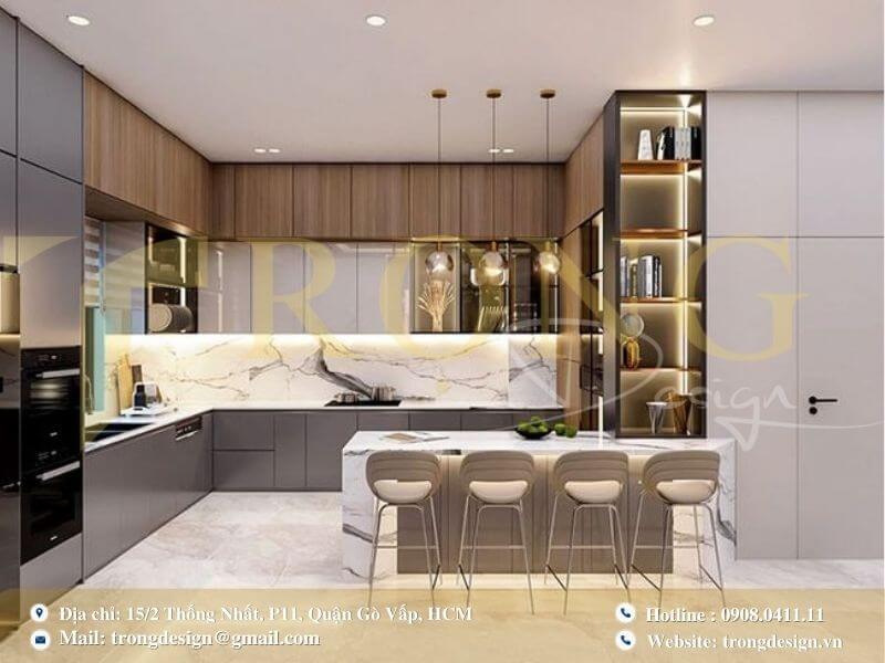 Bếp hiện đại, mạnh mẽ với tông màu xám đậm và thiết kế tinh tế.