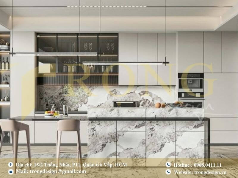 Bếp hiện đại, tối giản với đảo bếp lớn và không gian mở.