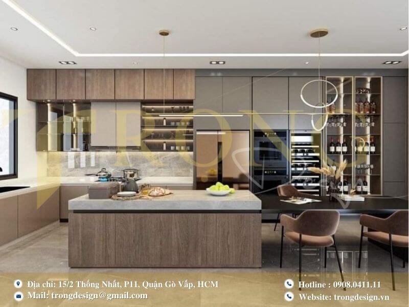 Bếp hiện đại, tươi sáng với tông màu trắng và gỗ ấm áp.
