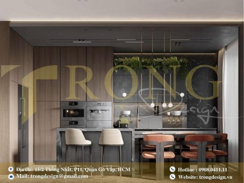 Bếp hiện đại, thanh lịch với tông màu xanh xám và điểm nhấn gỗ.