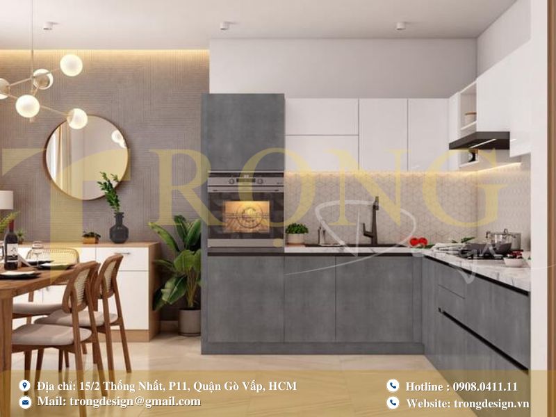 Phòng bếp thiết kế với màu sắc trung tính, nhẹ nhàng và hiện đại