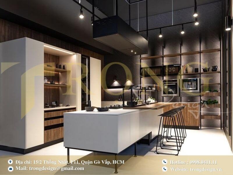 Bếp hiện đại, ấn tượng với tông màu đen mạnh mẽ và thiết kế đảo bếp độc đáo.