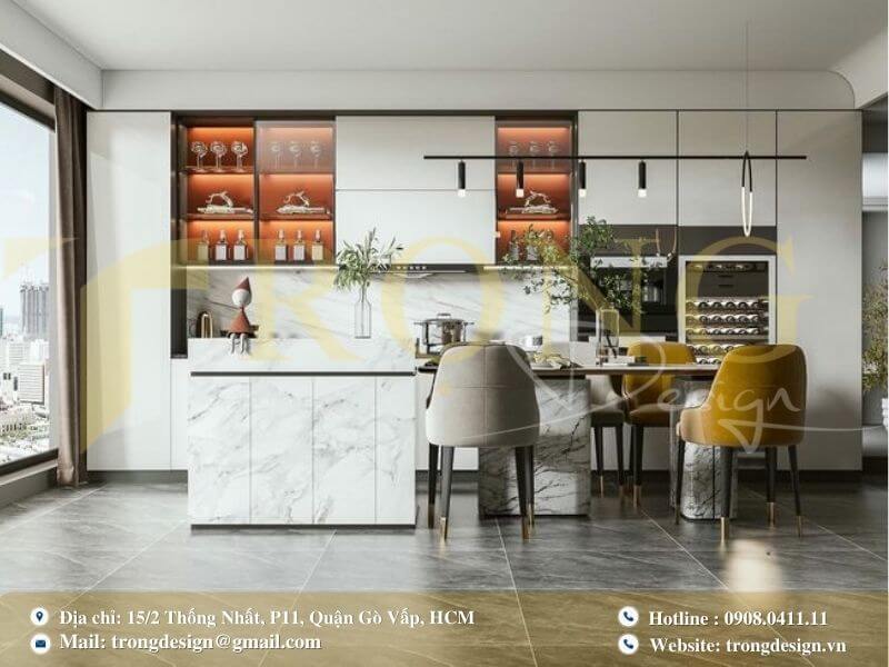 Bếp hiện đại, thanh lịch với đảo bếp đa năng và không gian mở.