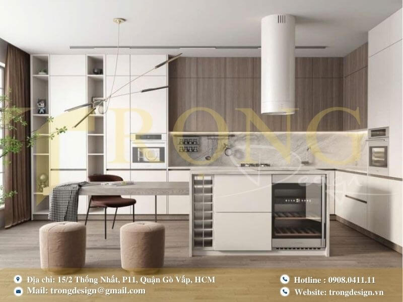 Bếp phong cách công nghiệp hiện đại với tường gạch thô và thiết kế mạnh mẽ.