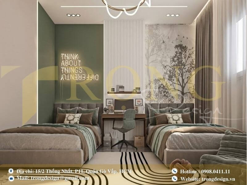 Phòng ngủ đôi hiện đại với thông điệp cá tính và không gian học tập tiện lợi.