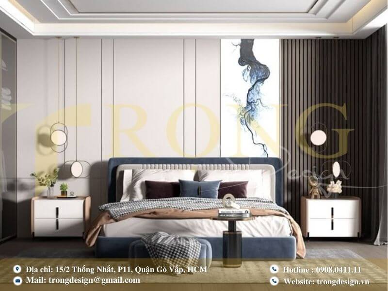 Phòng ngủ hiện đại với điểm nhấn nghệ thuật và tủ quần áo kính.