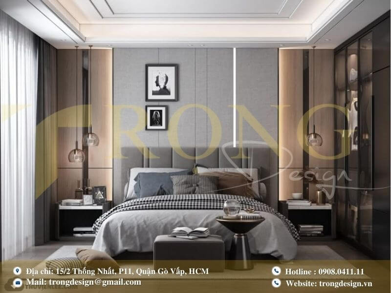 Phòng ngủ hiện đại tối giản với gam màu xám và tủ quần áo kính tiện nghi.