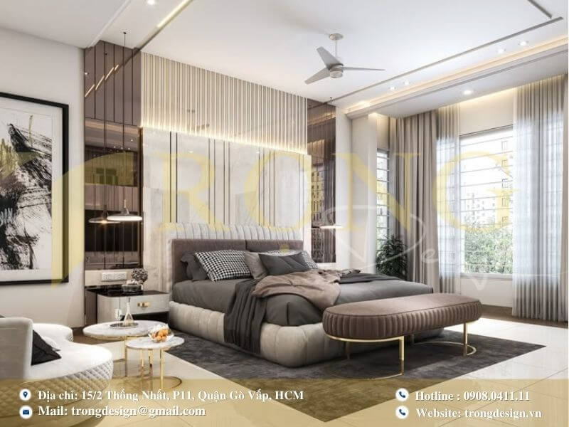 Phòng ngủ sang trọng với vật liệu cao cấp và ánh sáng tự nhiên dồi dào.