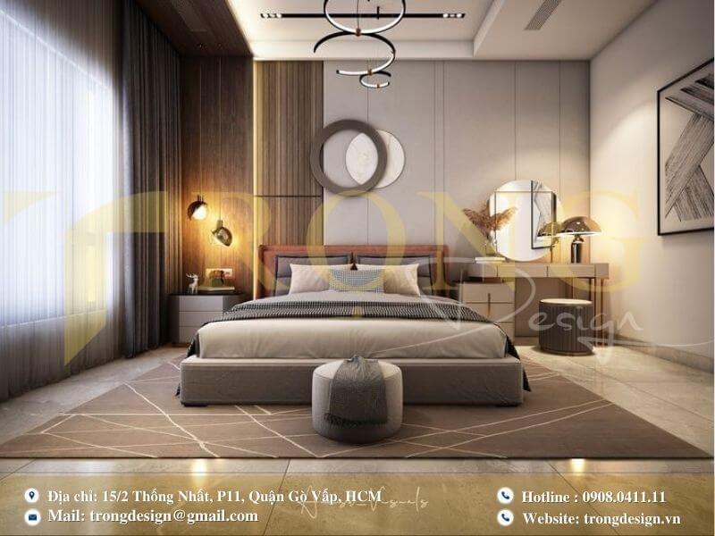 Phòng ngủ thanh lịch với trang trí tường độc đáo và bàn trang điểm hiện đại.