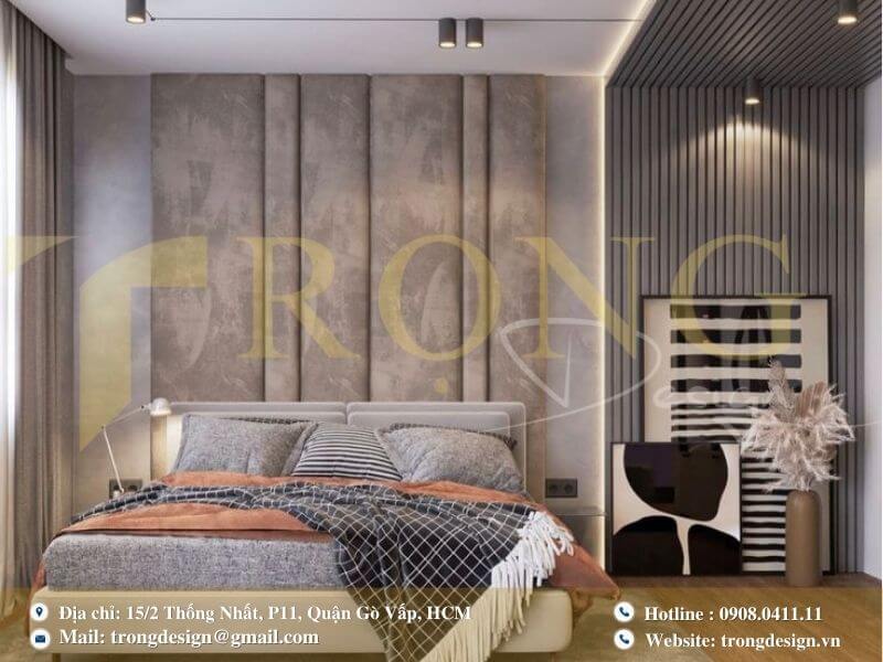 Phòng ngủ hiện đại với sự kết hợp hài hòa giữa chất liệu thô và gỗ.