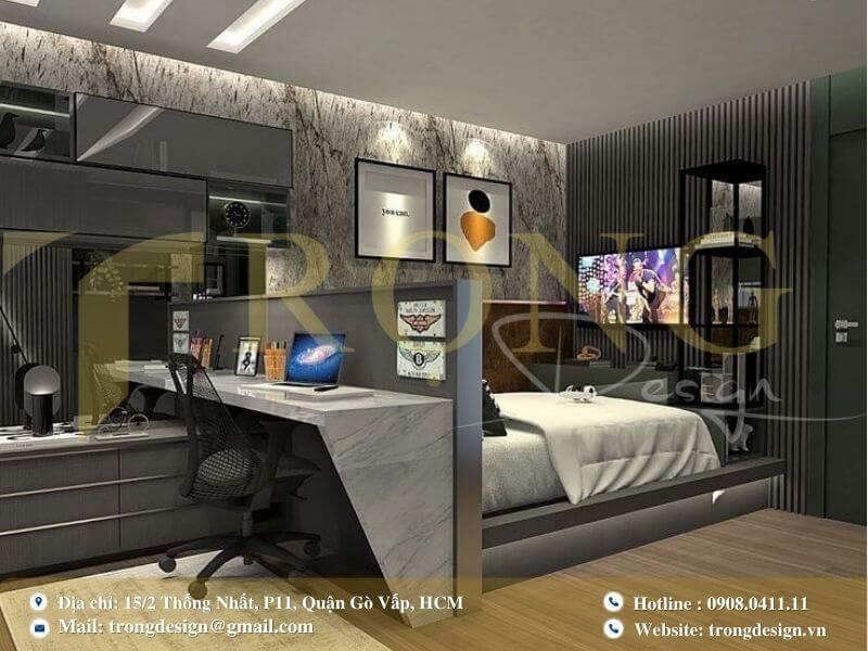 Phòng ngủ tiện nghi với không gian làm việc tích hợp thông minh.