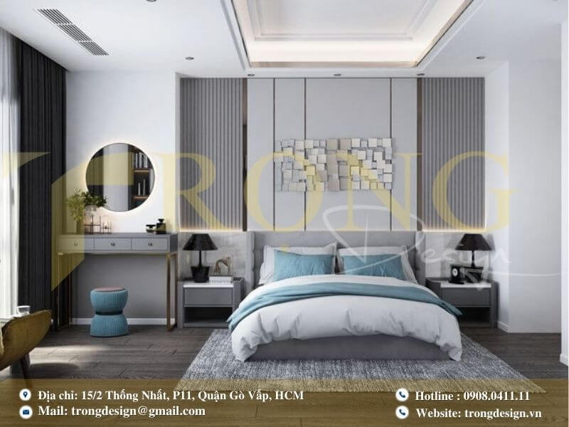 Phòng ngủ hiện đại, trẻ trung với điểm nhấn màu xanh lam.