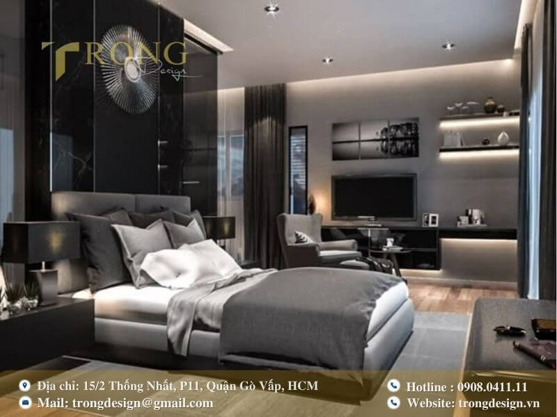 Phòng ngủ hiện đại, sang trọng với gam màu đen-xám và nội thất tinh tế.