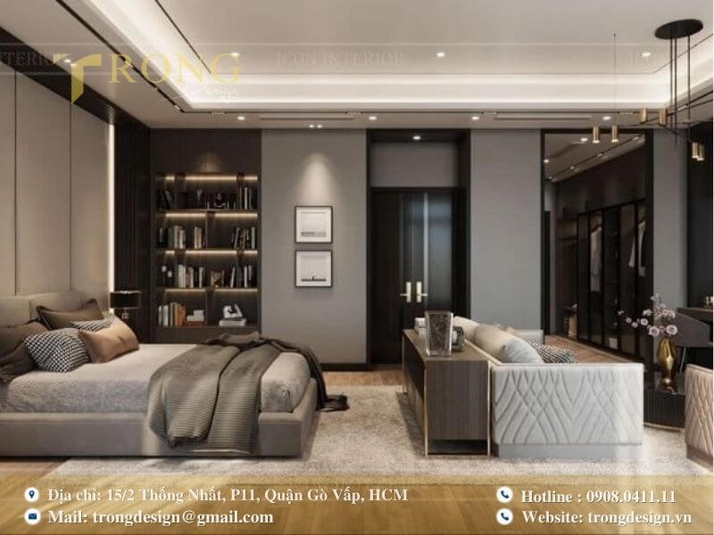 Phòng ngủ thanh lịch, tiện nghi với không gian mở và nhiều chức năng.