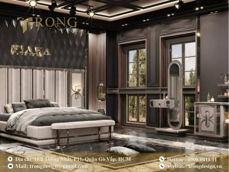 Phòng ngủ Luxury với gam màu tối và nội thất dát vàng sang trọng.